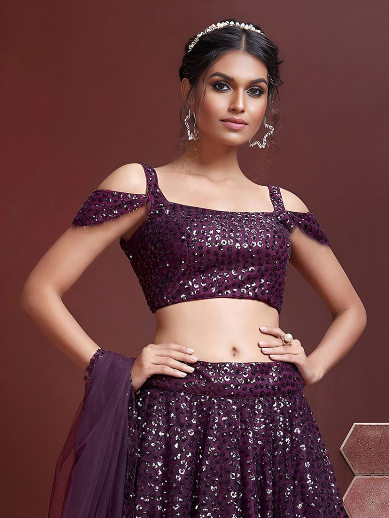 Ethnic Elegant Traditional Festive Deep Purple Soft Net Lehanga Suit
