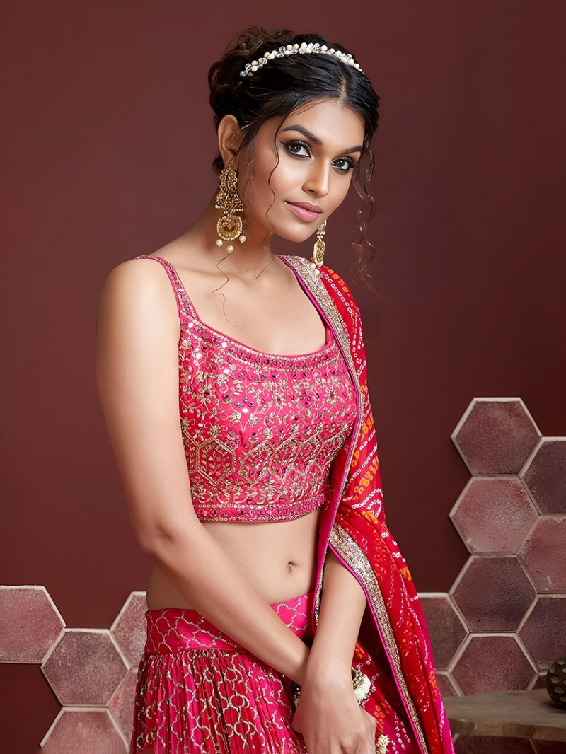 Elegant Ethnic Traditional Festive Red Pink Chinnon Silk Lehanga Suit