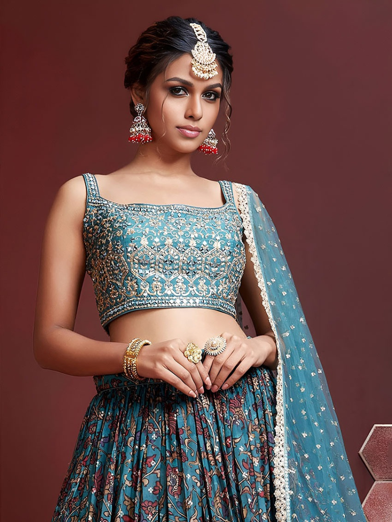 Authentic Elegant Festive Ethnic Peacock Blue Chinnon Silk Lehanga Suit