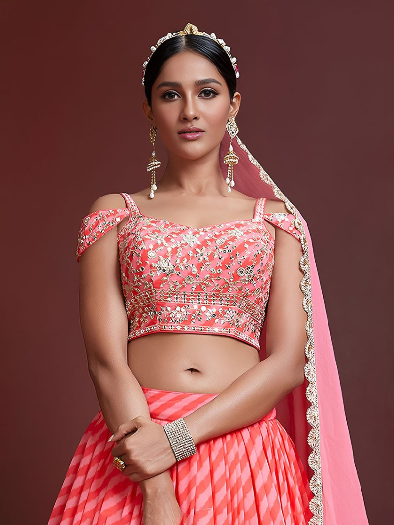 Traditional Festive Elegant Ethnic Pastel Peach Organza Silk Lehanga Suit