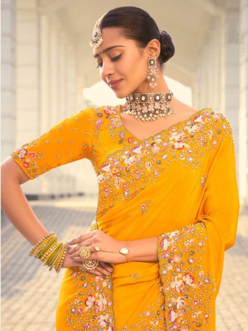 Elegant Athenic Festive Mustard Crepe Saree 
