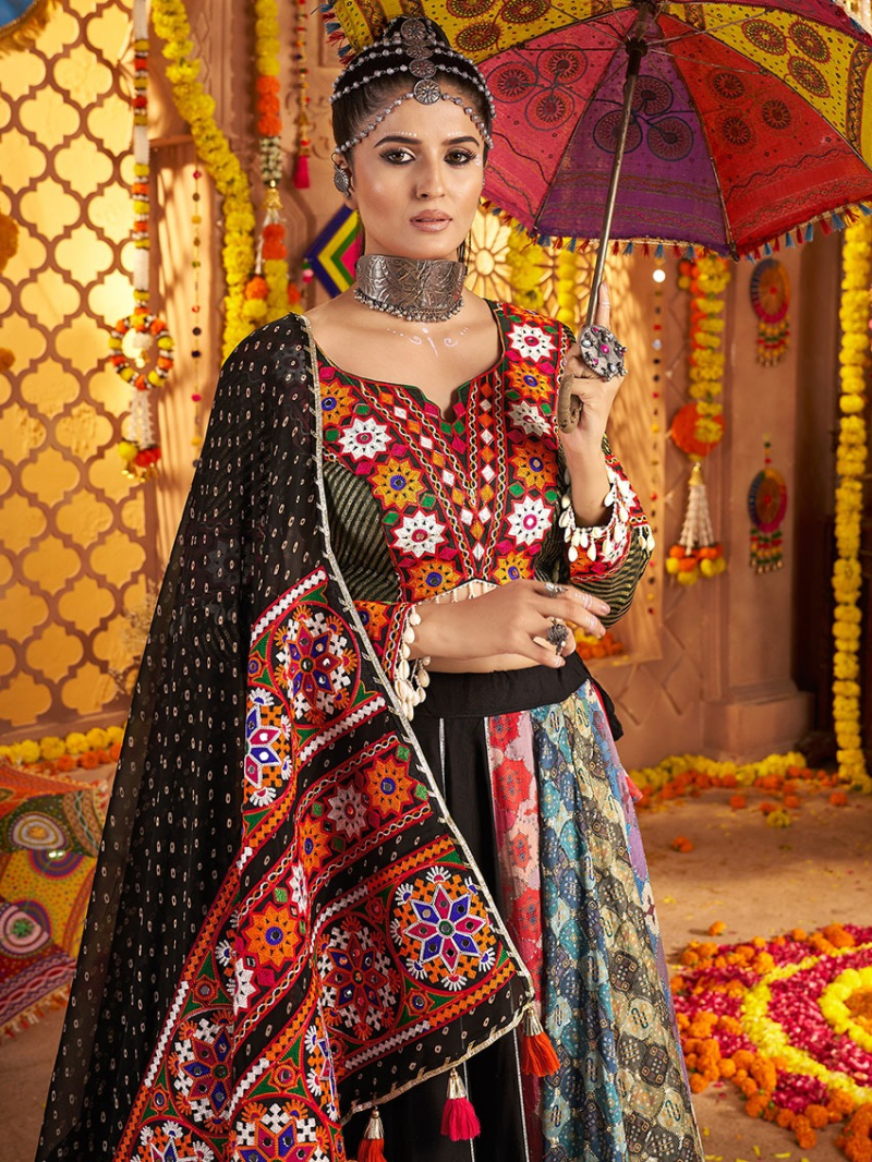 Designer Festive Black Viscose Rayon Navratri Lehanga Suit