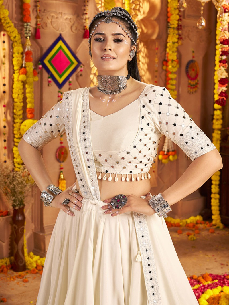 Authentic Elegant Festive Cream Viscose Rayon Navratri Lehanga Suit