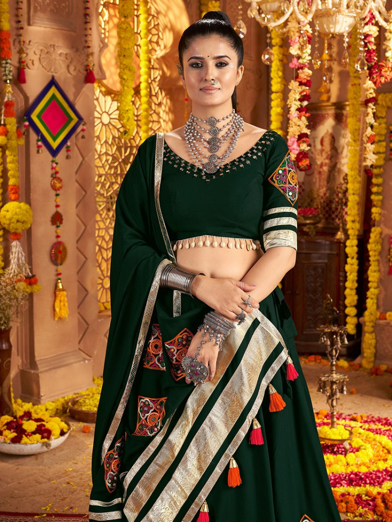 Designer Traditional Bottle Green Viscose Rayon Navratri Lehanga Suit