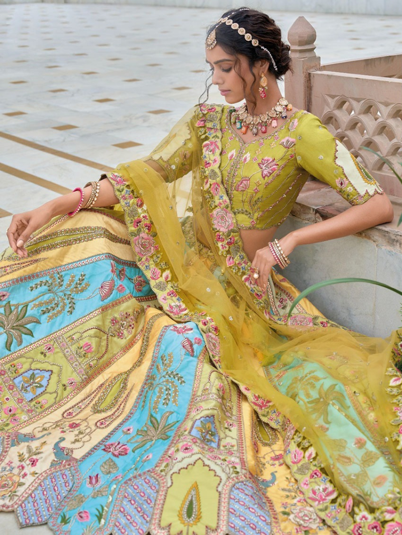 Designer Festive Lime Yellow Fancy Silk Lehanga 