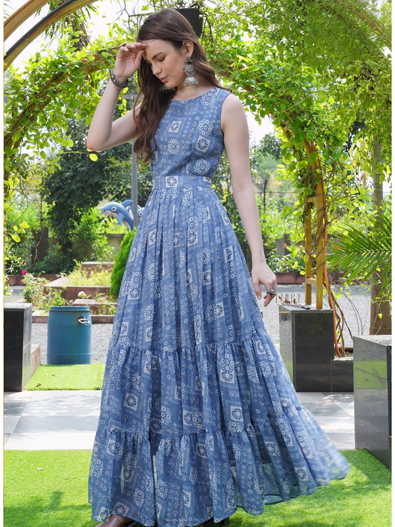 Designer Festive Georgette Light Steel Blue Fit & Flare Anarkali Style Gown 