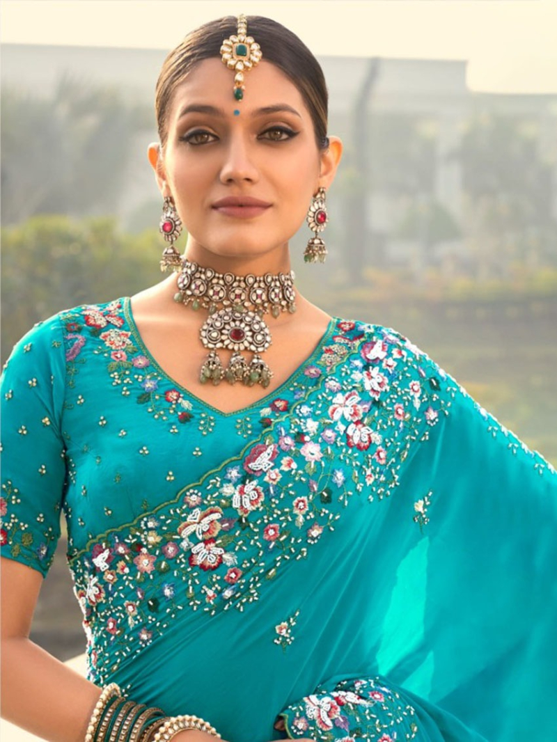 Elegant Athenic Festive Turquoise Blue Crepe Saree