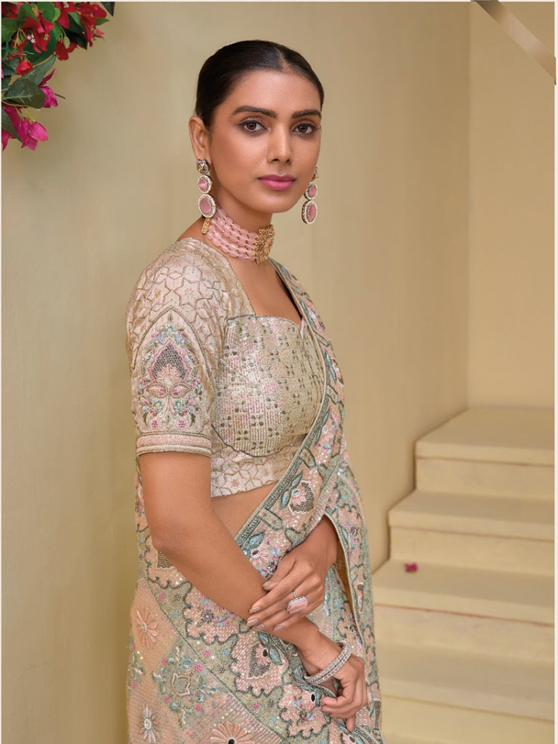 Designer Festive Pastel Peach Banarasi Tuscany Saree