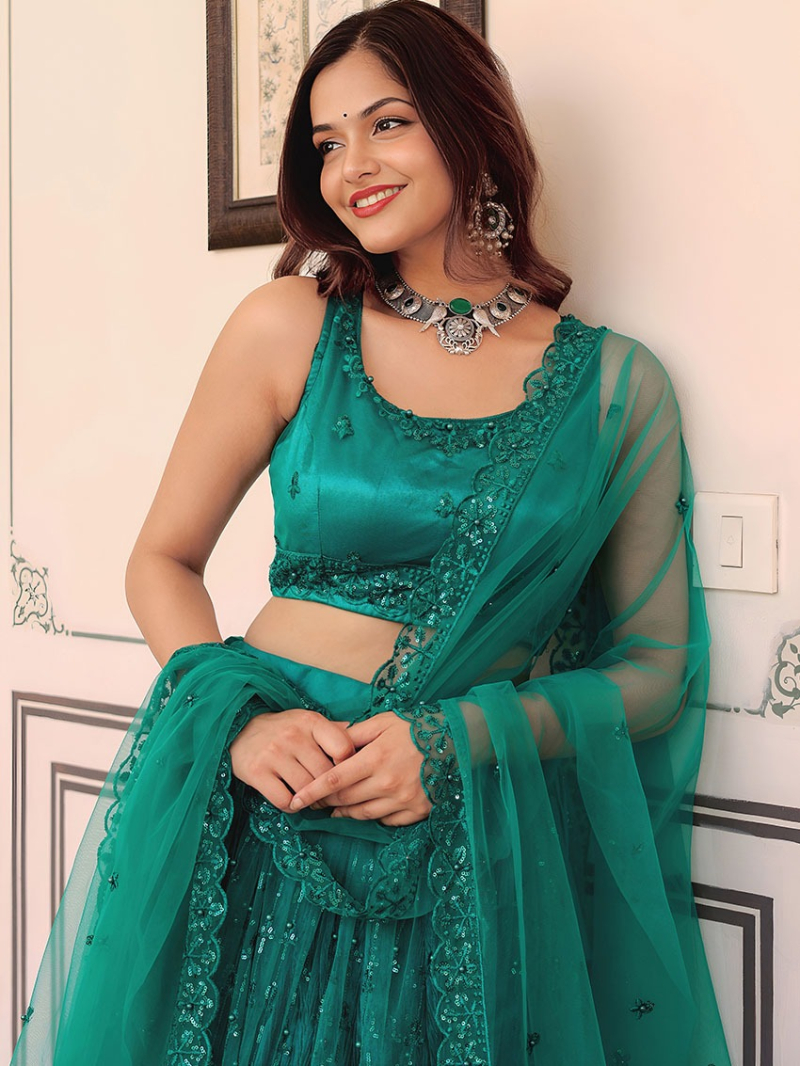 Designer Traditional Bridal Ethnic Festive Teal Green Soft Net Lehanga Suit