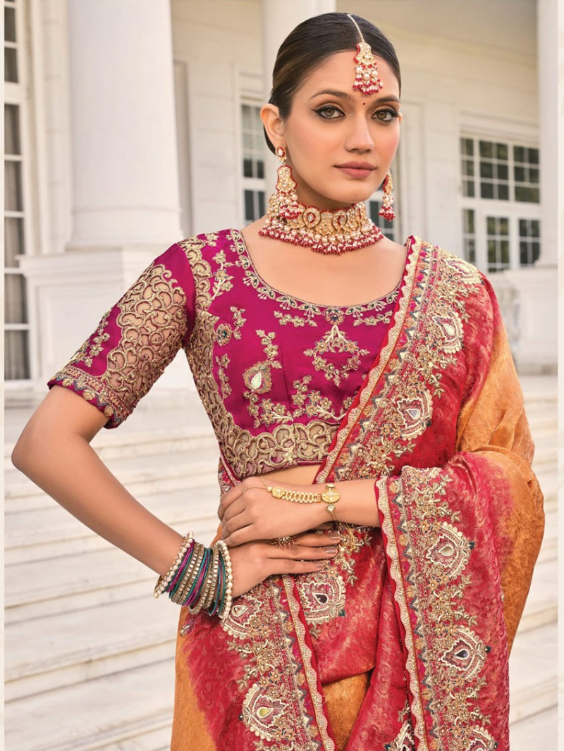 Traditional Ethnic Festive Orange & Rani Organza Saree
