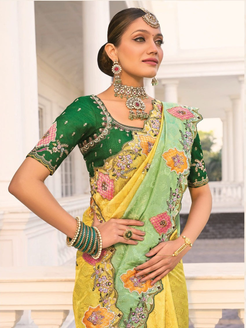 Designer Festive Lemon & Green Crepe Jaquard Saare 