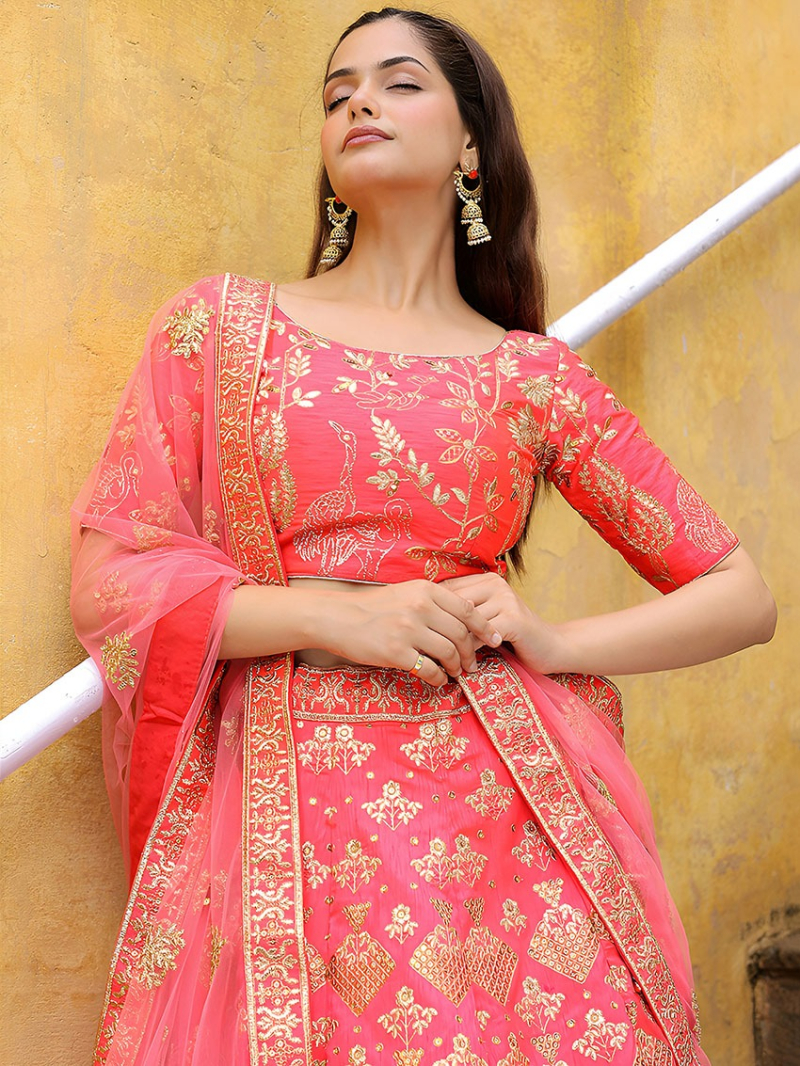 Designer Traditional Ethnic Festive Pink Slub Silk Lehanga Suit