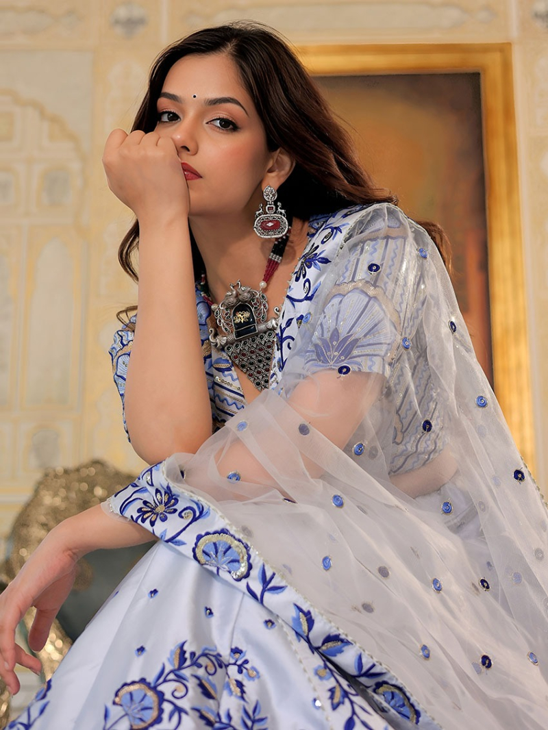 Designer Elegant Bridal White Satin Lehanga Suit