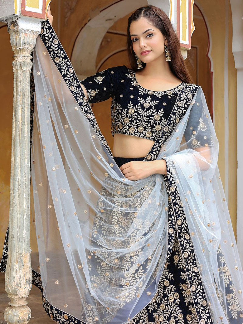 Elegant Traditional Ethnic Festive Navy Blue Velvet Lehanga Suit