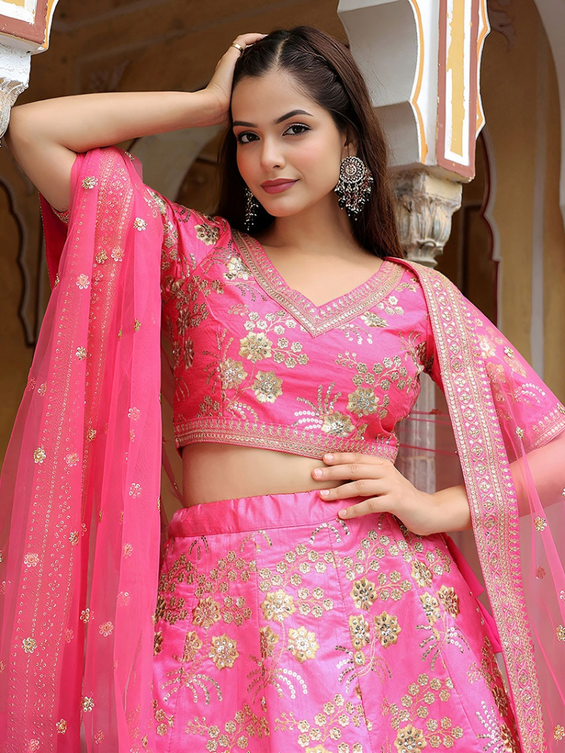 Elegant Festive Traditional Hot Pink Slub Silk Lehanga Suit