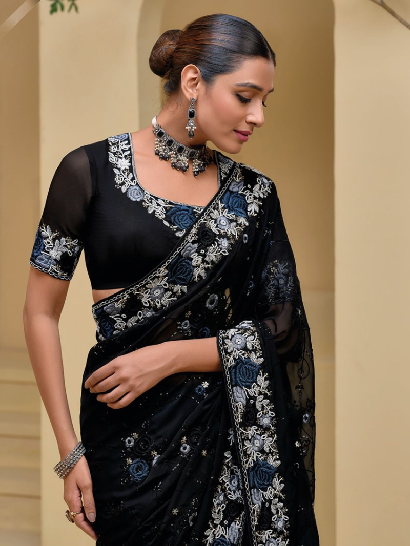 Elegant Ethenic Festive Premium Black Banarasi Silk Tuscany Saree