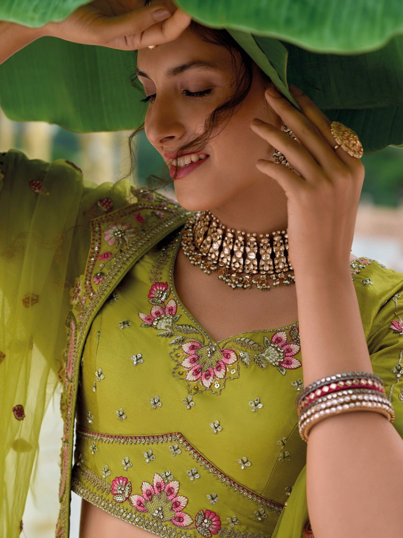 Elegant Ethenic Festive Premium Lime Yellow Fancy Silk Lehanga 