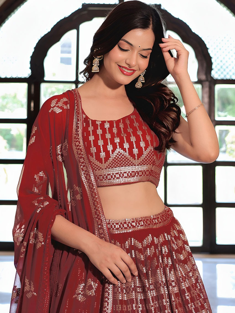 Designer Bridal Elegant Ethnic Maroon Georgette Lehanga Suit