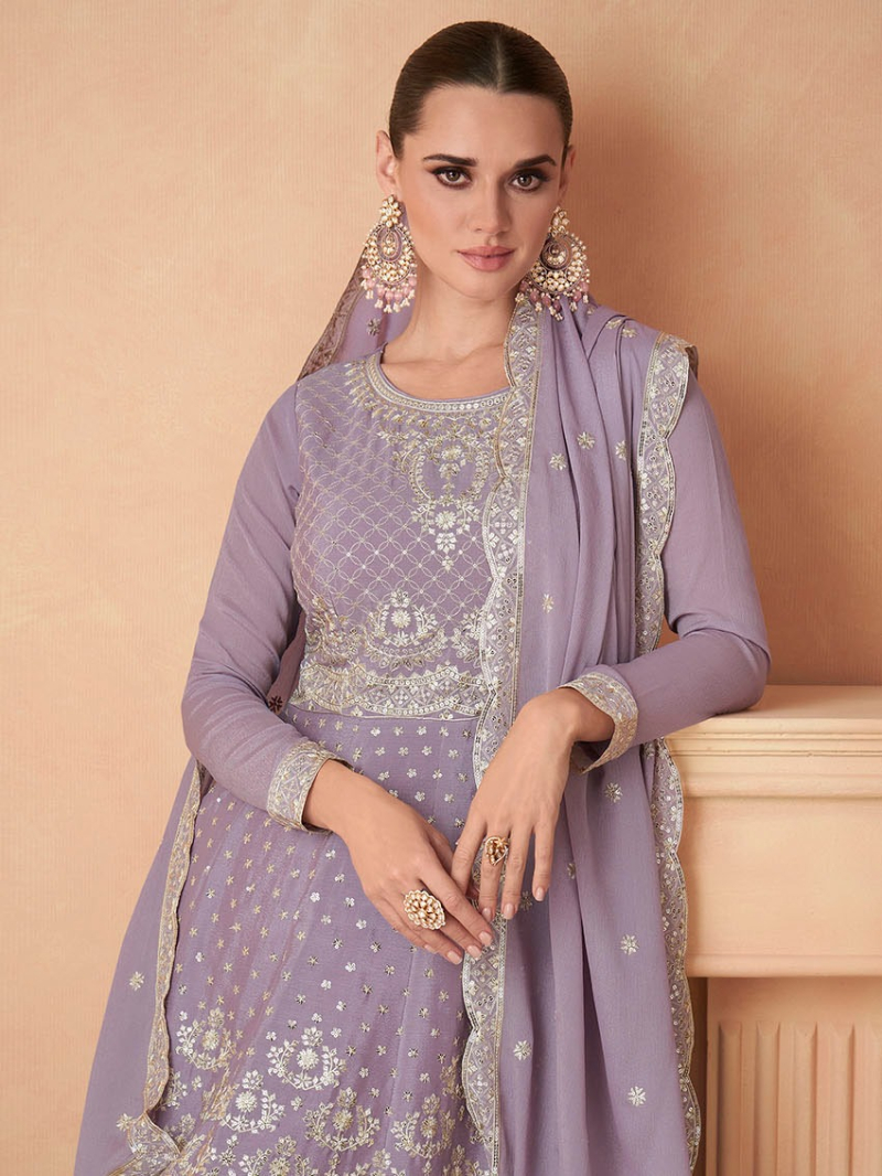 Authentic Elegant Festive Heavy Chinnon Lilac Sharara Suit