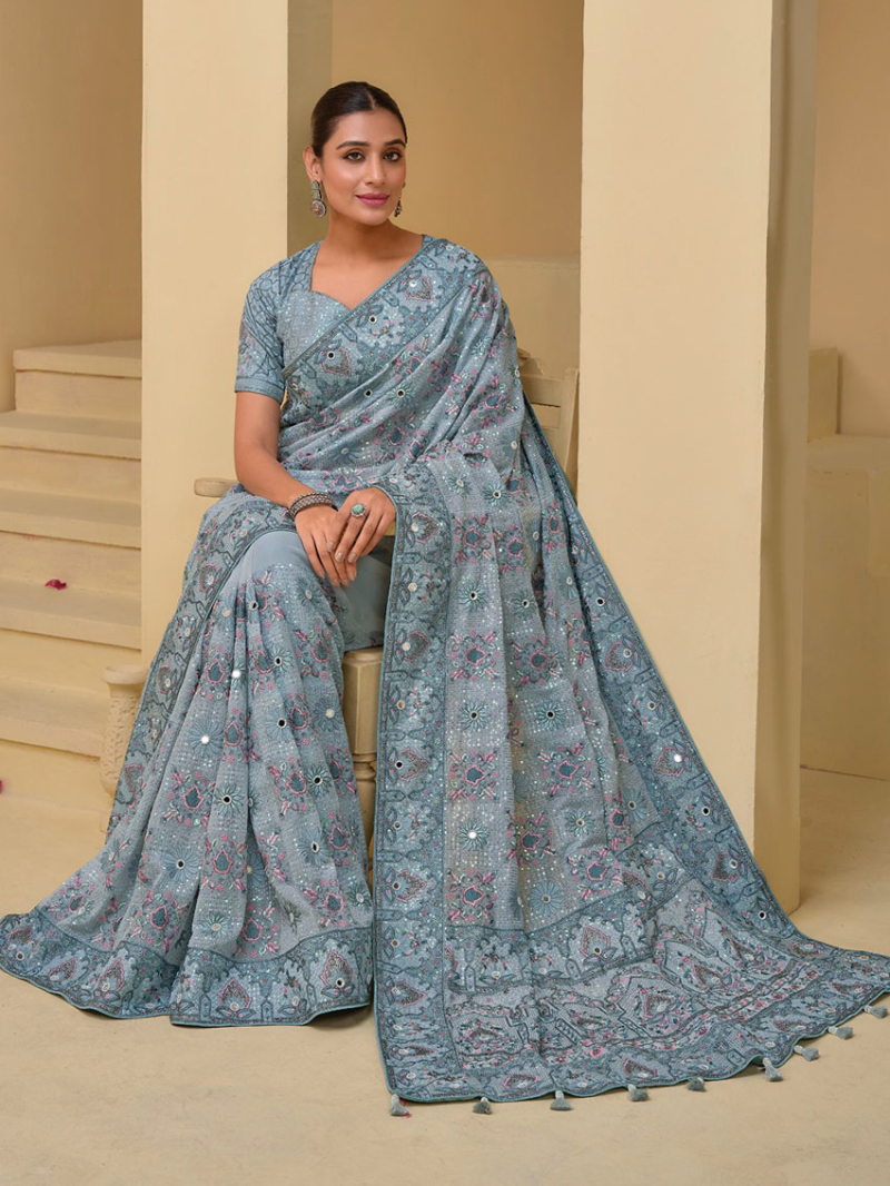 Traditional Ethnic Festive Bluish Grey Banarasi Silk Tuscany Saree