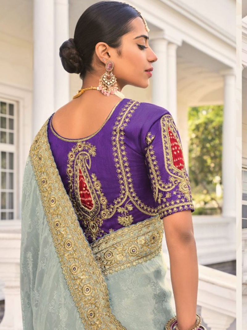 Traditional Ethnic Festive Grey & Aqua Blue Crepe Jacquard Saree