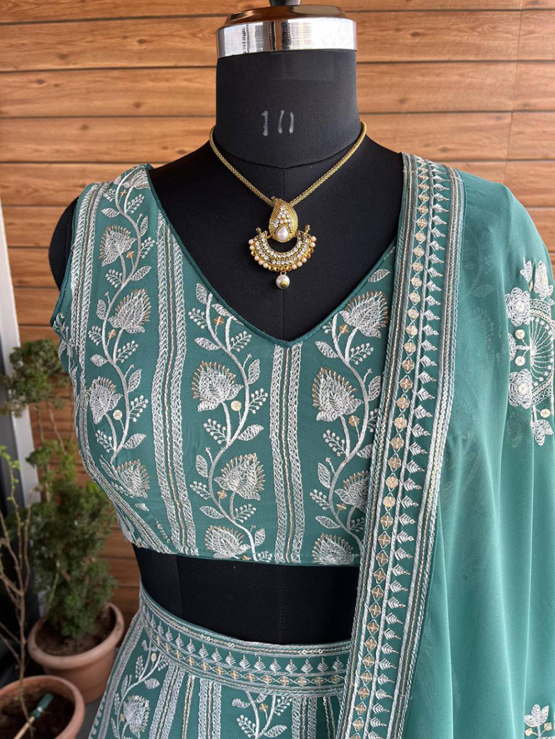 Elegant Ethnic Festive Premium Dusty Teal Green Faux Georgette Lehanga Suit