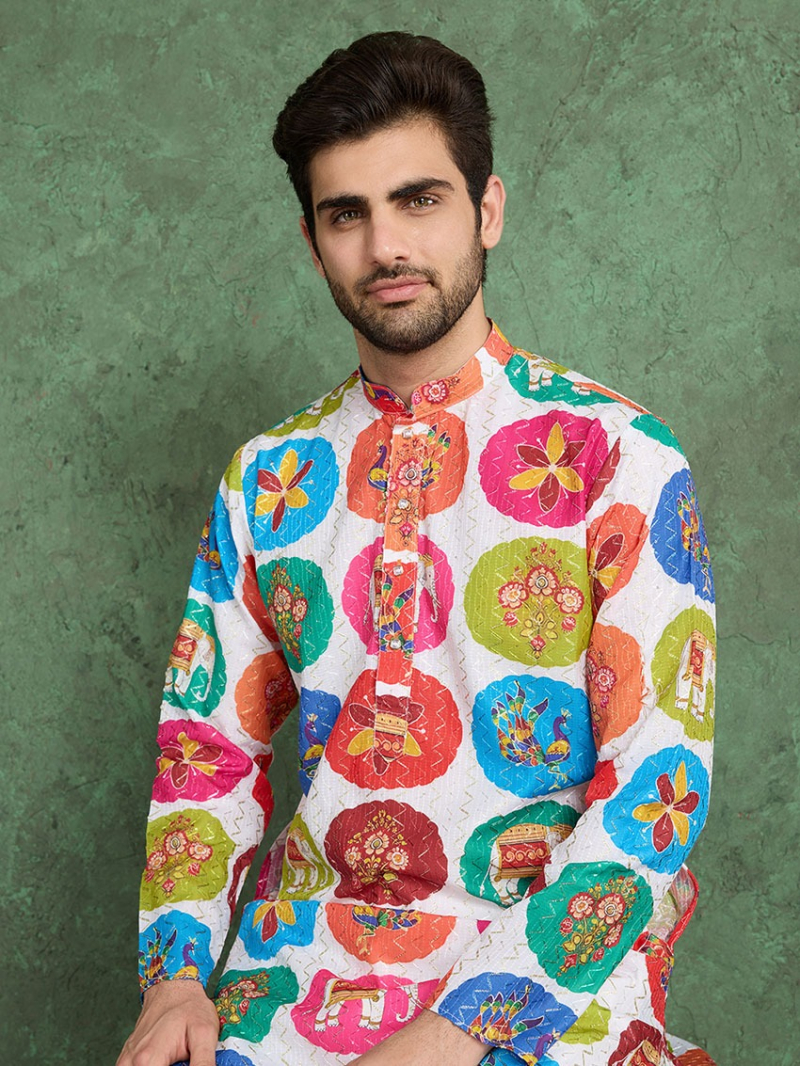 Designer Festive Ethnic Multicoloured Rayon Kurta Pajama Set