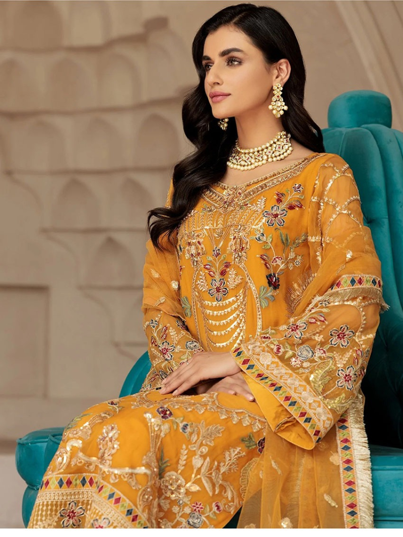 Traditional Ethnic Festive Georgette Mustard Straight Suit