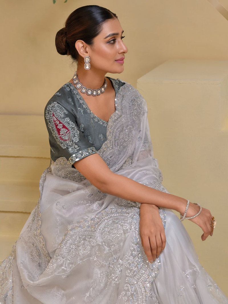 Elegant Athenic Festive Premium Silver Banarasi Tuscany Saree 