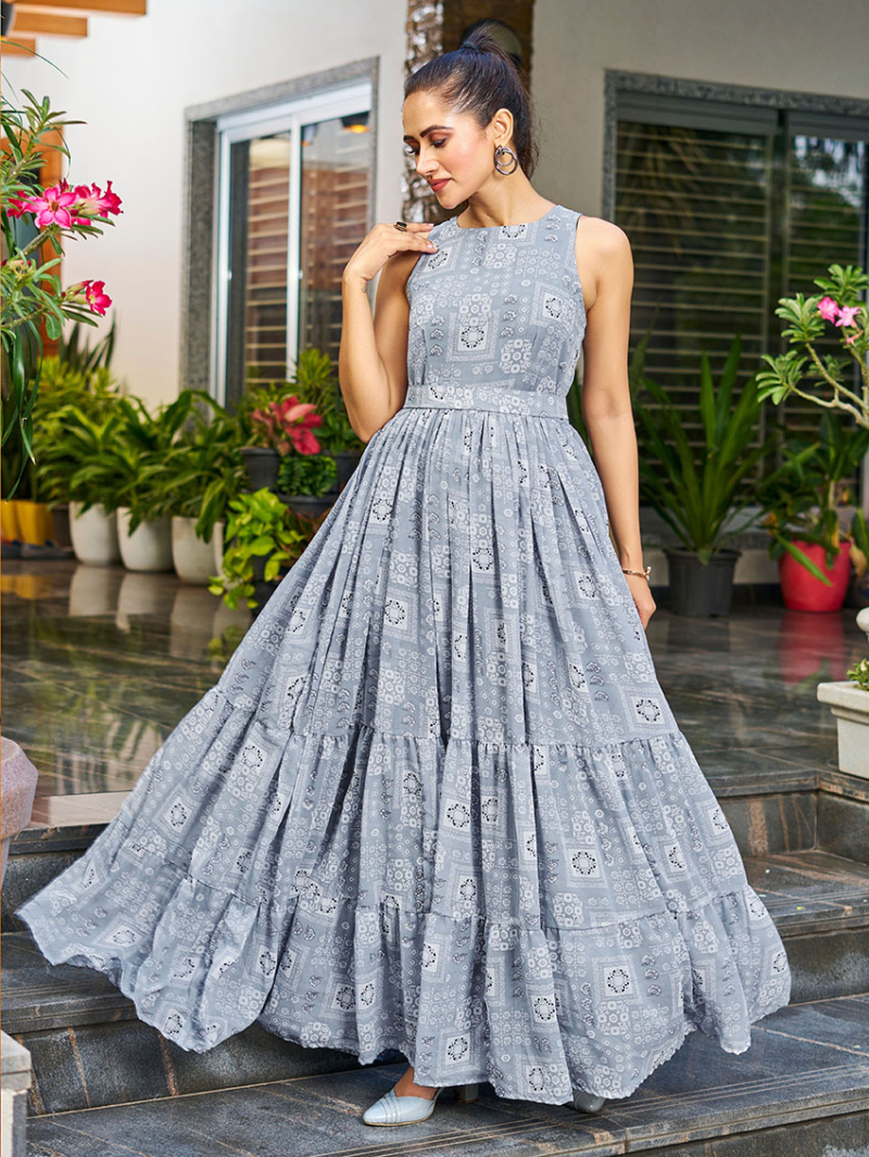 Elegant Athenic Festive Georgette Dusty Pastel Blue Fit & Flare Anarkali Style Gown