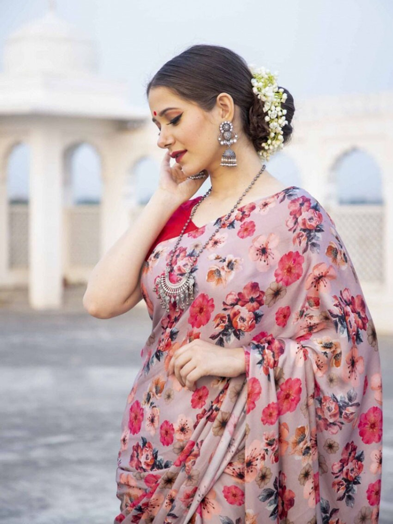 Elegant Ethenic Festive Premium Blush Pink Satin Silk Saree