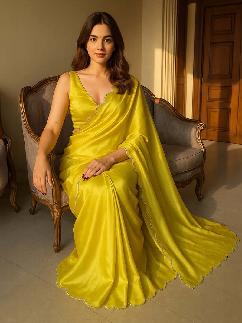 Ethnic Festive Traditional Lime green Soft Chinnon Silk Saree 