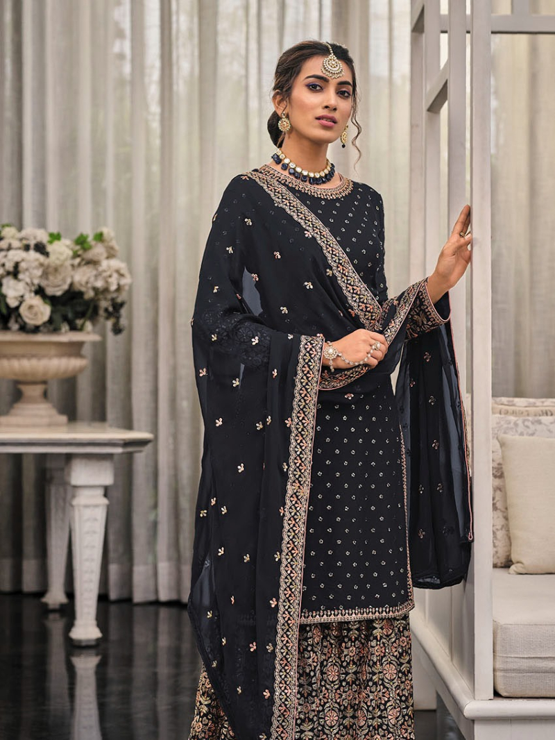 Elegant Athenic Festive Heavy Faux Georgette Black Plazo Suit 
