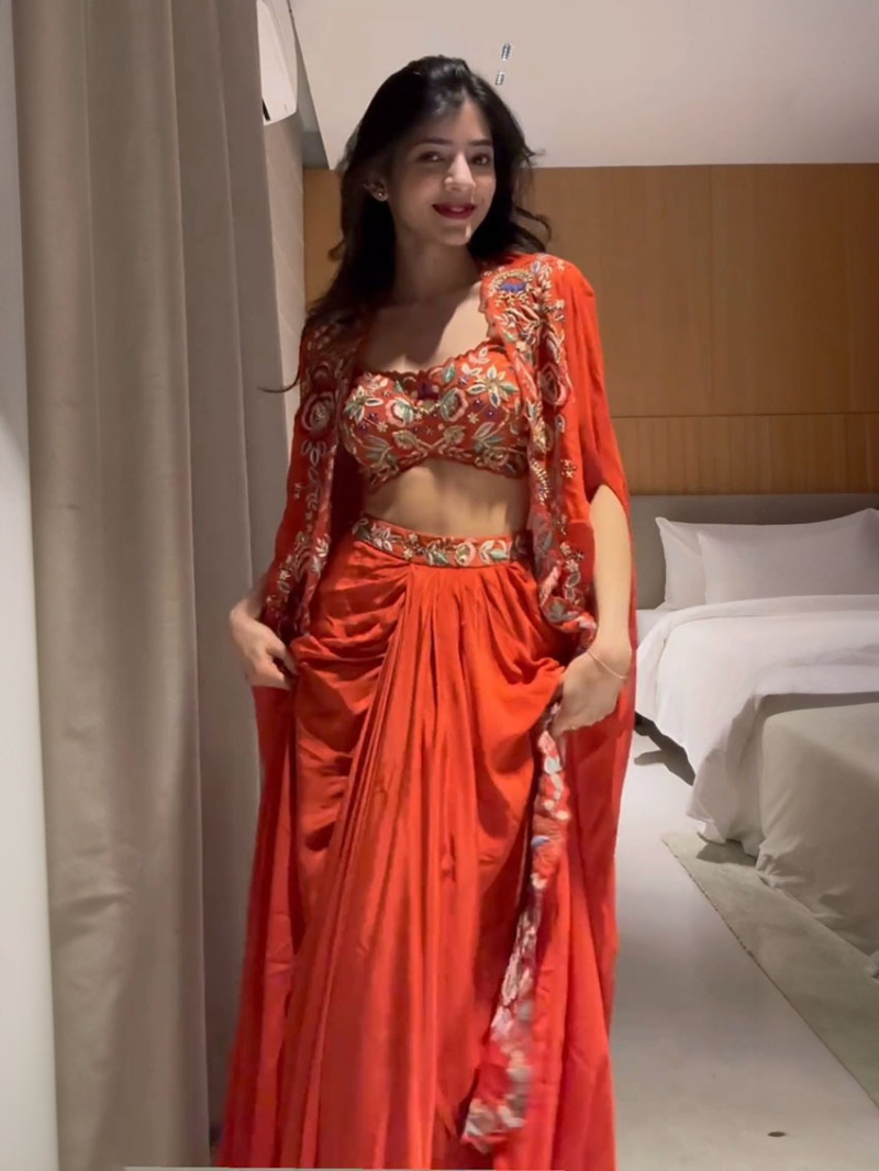 Stylish Elegant Party Wear Orangae Shurg & Choli with Dhoti Indowestern Set