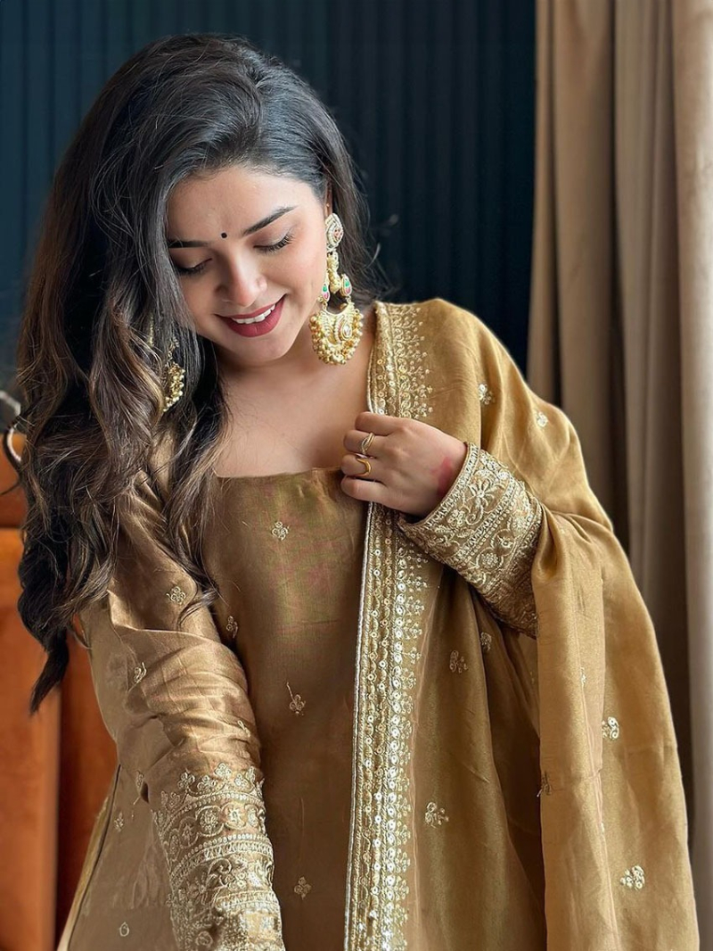 Elegant Ethnic Traditional Light Taupe Brown Fendi Satin Silk Plazo Suit