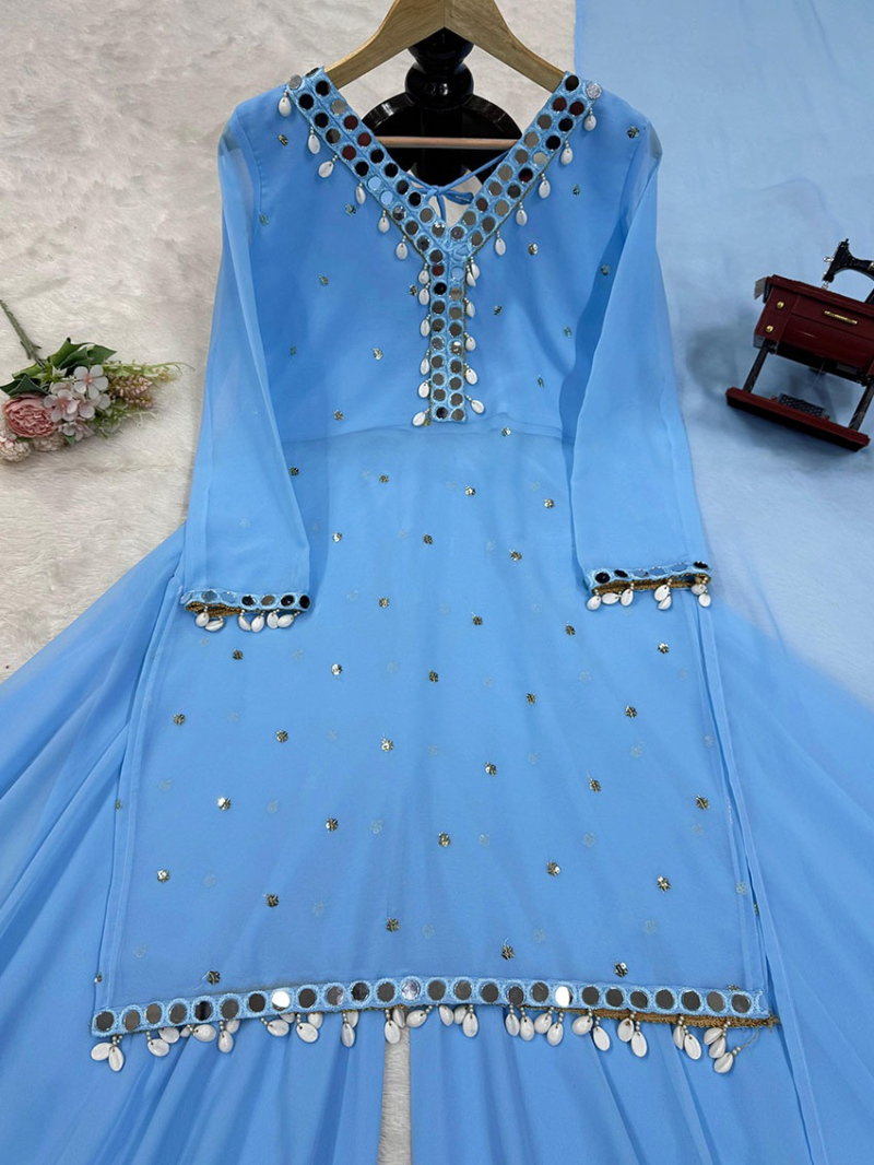 Elegant Traditional Ethnic Festive Bright Sky Blue Georgette  Plazo Suit