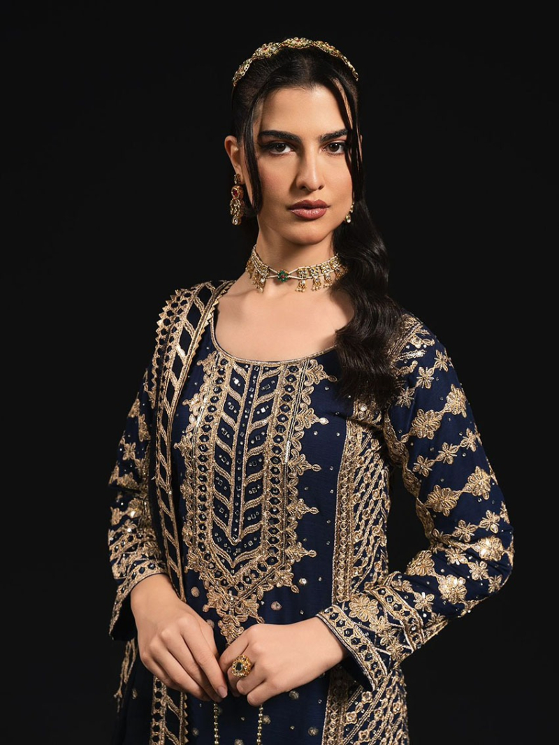 Traditional Festive Ethnic Elegant Navy Blue Georgette Straight Suit