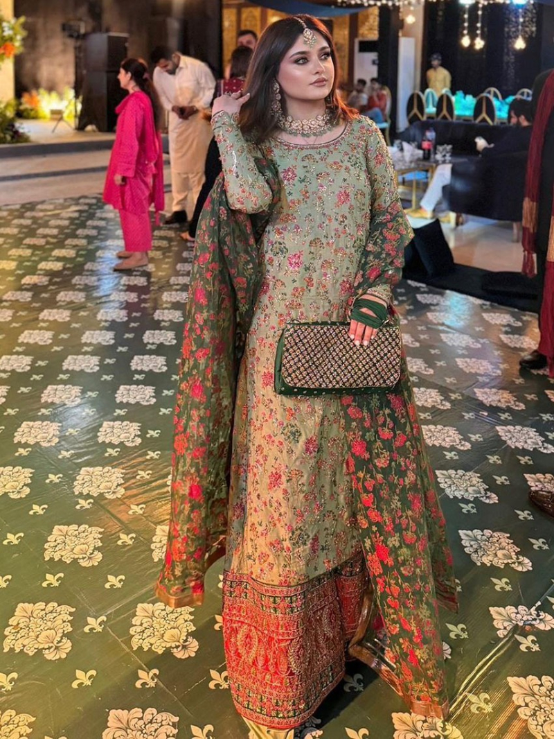 Authentic Ethnic Traditional Pastel Olive Green Georgette Plazo Suit