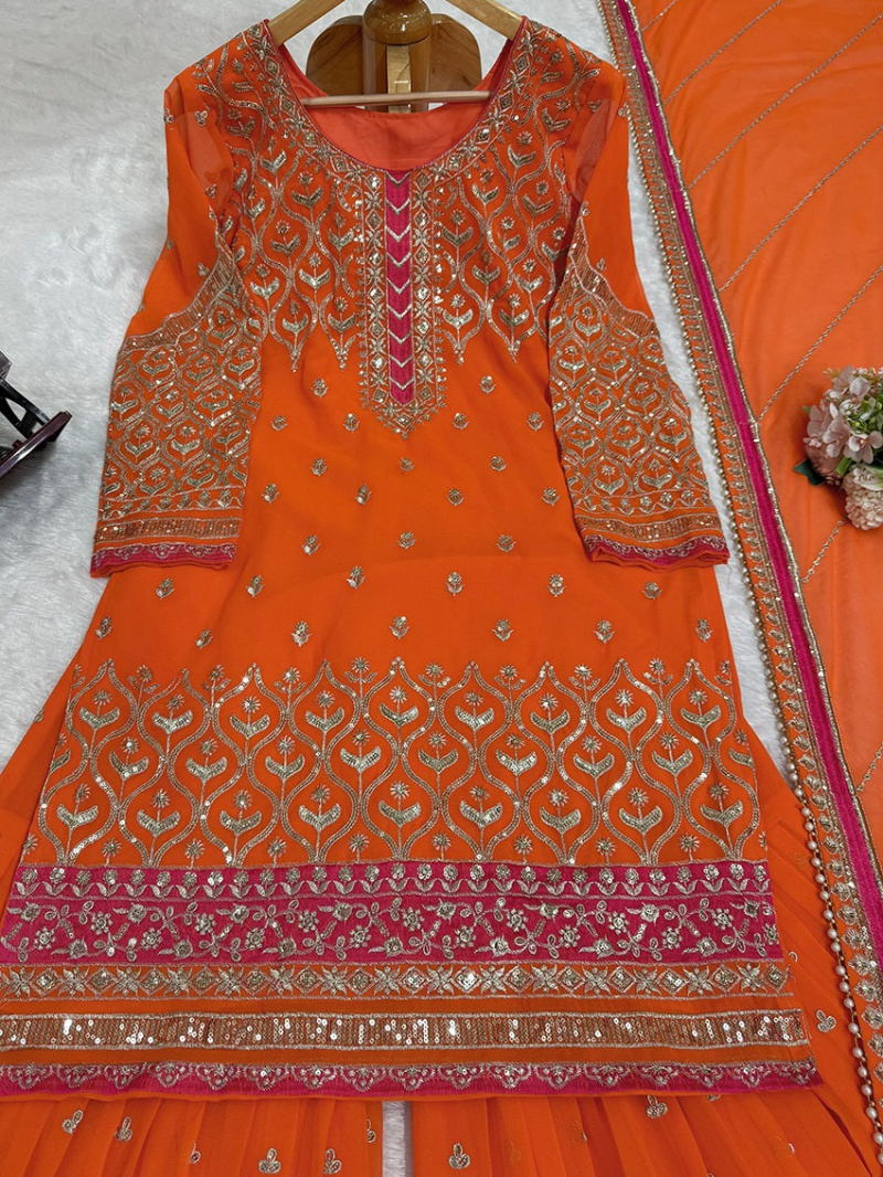 Traditional Ethnic Festive Orange Georgette Sharara Suit