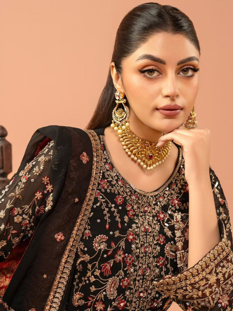 Authentic Festive Elegant Festive Black Georgette Straight Suit