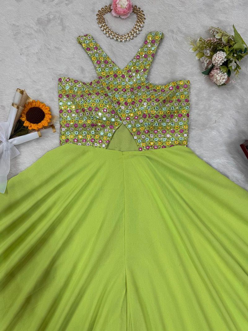 Stylish Party Wear Parrot Green Georgette Jumpsuit Indowestern Set