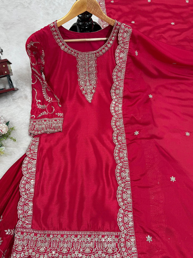 Authentic Traditional Ethnic Festive Crimson Red Chinnon Silk Plazo Suit