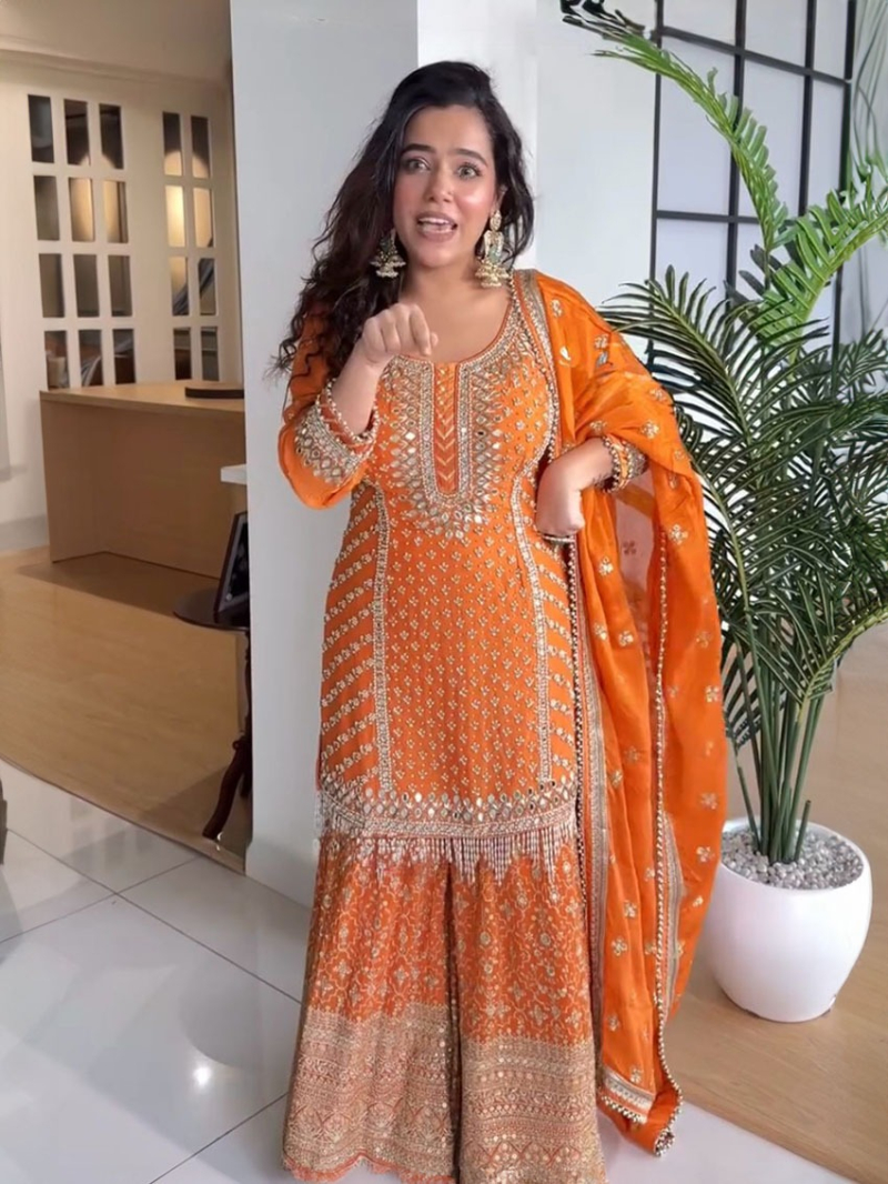 Designer Elegant Traditional Festive Orange Georgette Sharara Suit