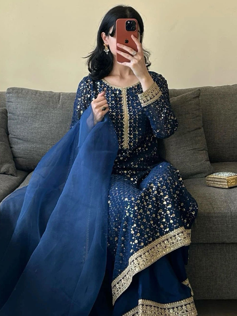 Authentic Traditional Ethnic Festive Navy Blue Georgette Straight Suit