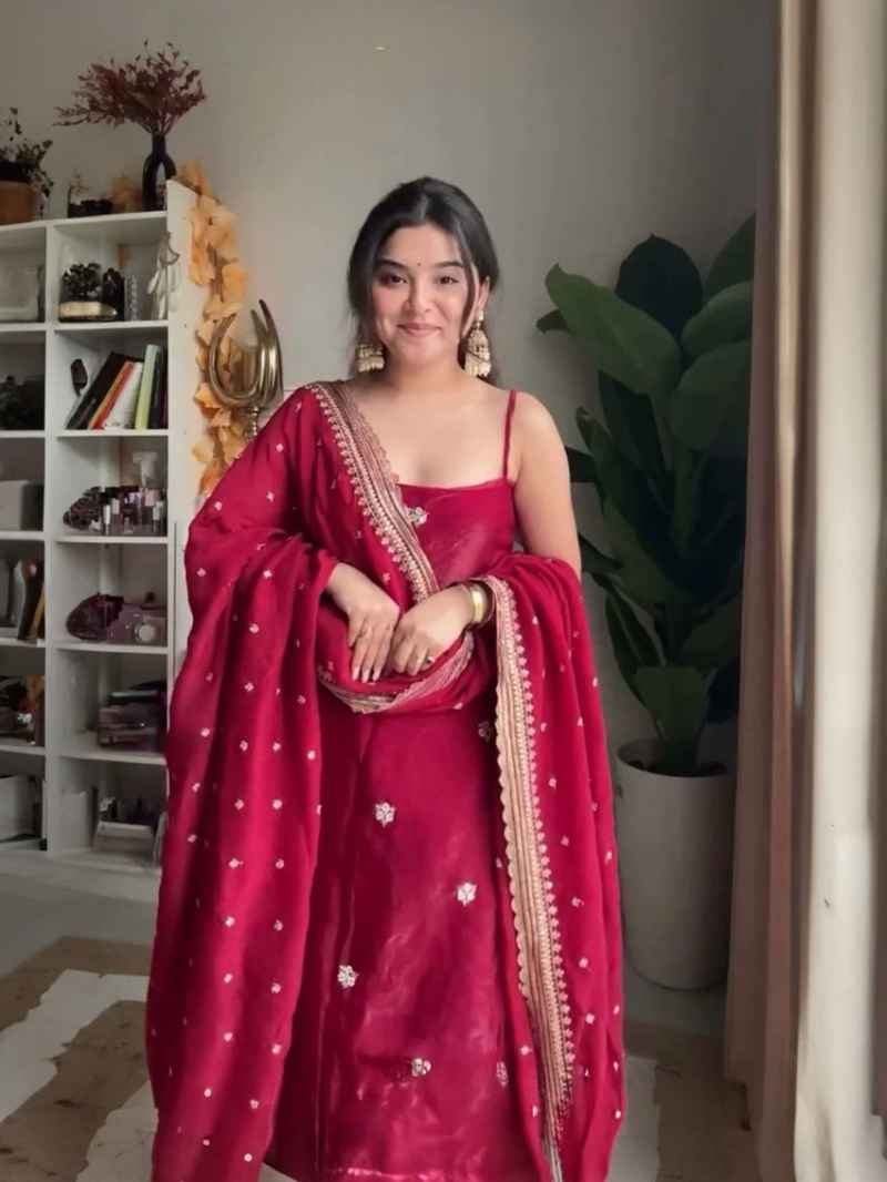Authentic Festive Traditional Elegant Maroon Jimmy Choo Plazo Suit