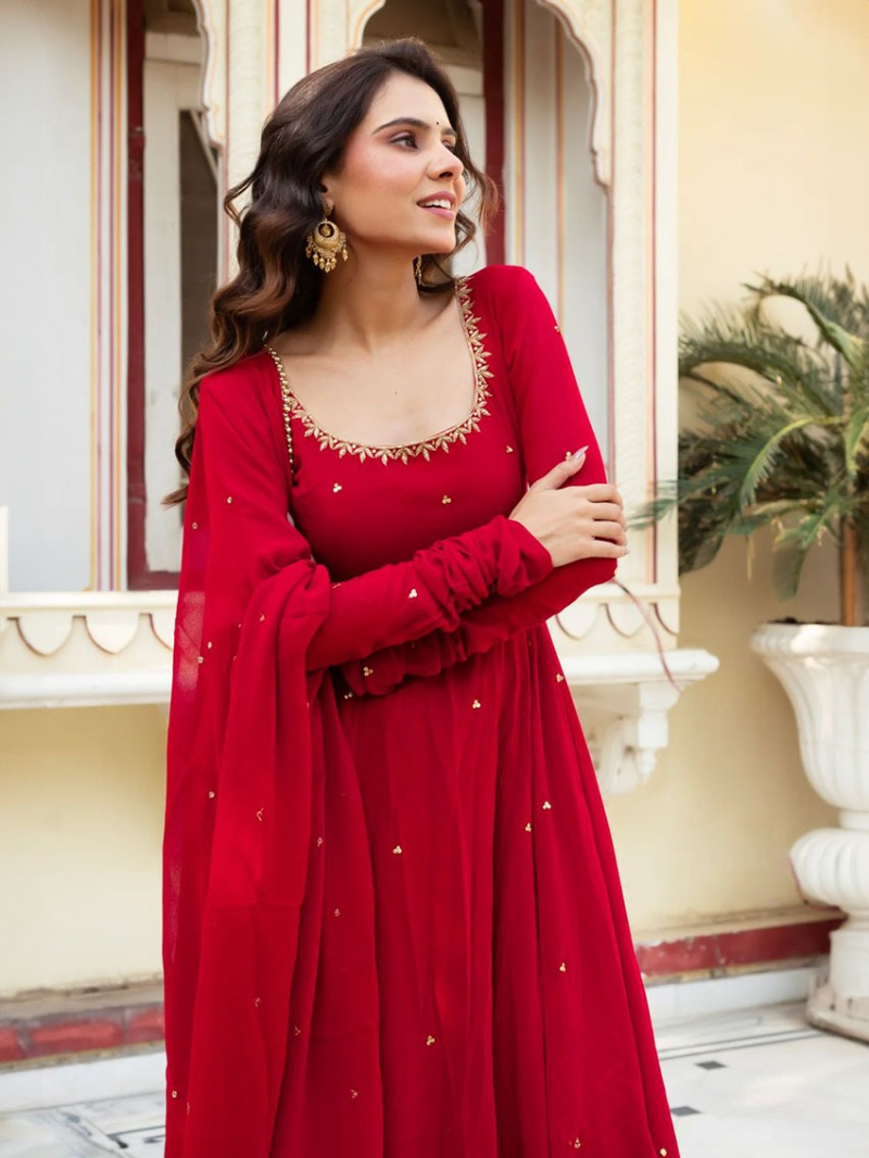 Authentic Elegant Ethnic Festive Traditional Red Georgette Anarkali Suit
