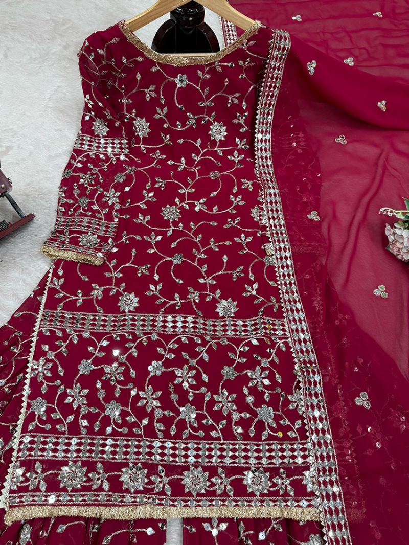 Authentic Festive Elegant Maroon Georgette Sharara Suit