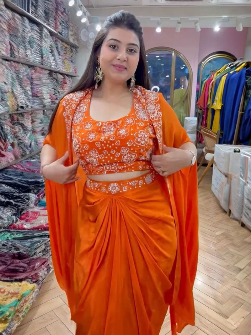 Designer Elegant Orange Satin Silk Shrug With Drapped Dhoti Style