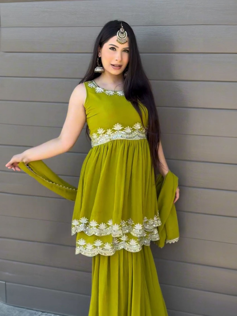 Designer Elegant Ethnic Light Olive Green Georgette Plazo Suit