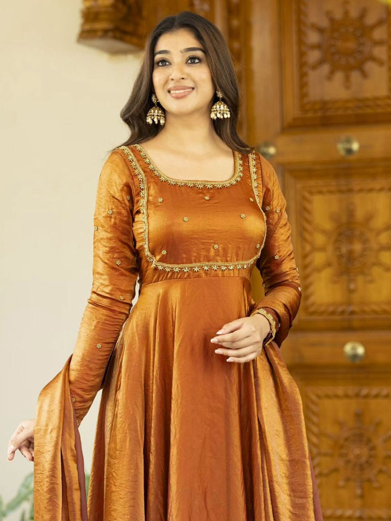 Authentic Traditional Ethnic Festive Rust Fendi Silk Anarkali Suit